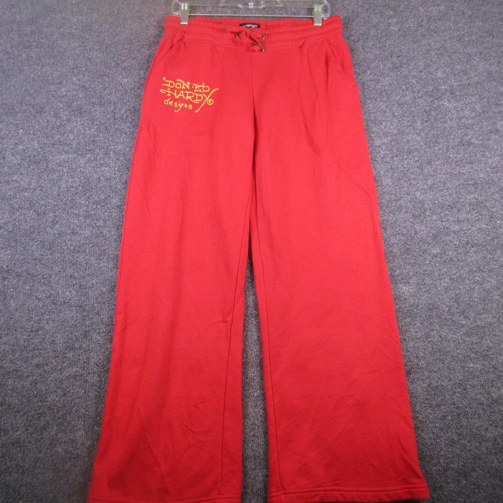 Y2K Ed Hardy Pants Mens Medium Red Tattoo Dragon Graphic Wide Leg Sweatpants
